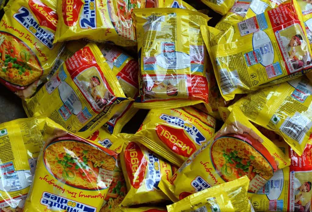 Nestle 'Maggi' instant noodles are photographed in a shop in the Indian capital New Delhi on June 3, 2015. India June 3, 2015, tested packets nationwide of Nestle India's instant noodles after high lead levels were found in batches in the country's north amid a mounting food-safety scare, an official said. AFP PHOTO / Chandan KHANNA (Photo credit should read Chandan Khanna/AFP/Getty Images)
